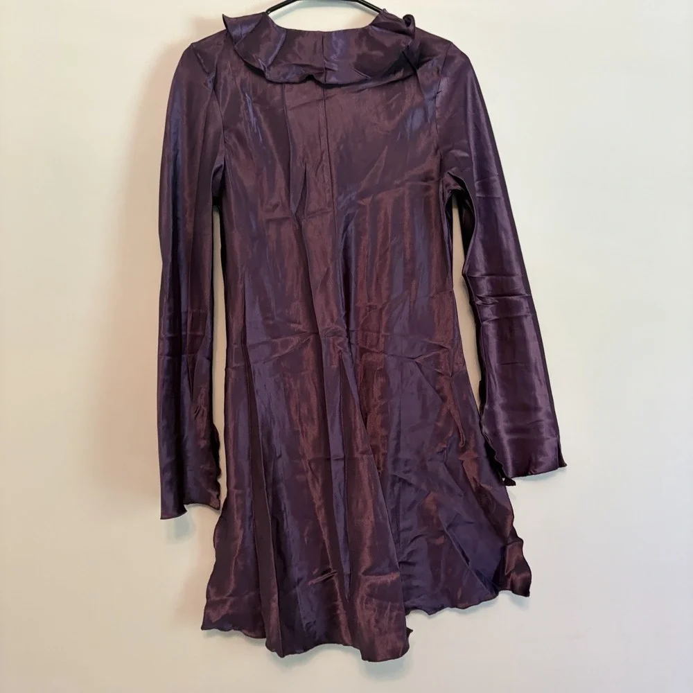 Fredericks Of Hollywood Plum Medium Nightgown Long Sleeve Ruffle Slit V Neck Tie